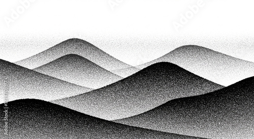 Noise grain halftone hills and mountains landscape vector background. Black noise gradient dots mountain range with sand texture and stipple pattern. Abstract grain hills terrain and waves dotwork