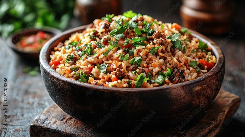 Savory Ground Beef and Rice Bowl, Rustic Kitchen Setting, Food Blog, Recipe Savory Ground Beef and Rice Bowl, Rustic Kitchen Setting, Food Blog, Recipe