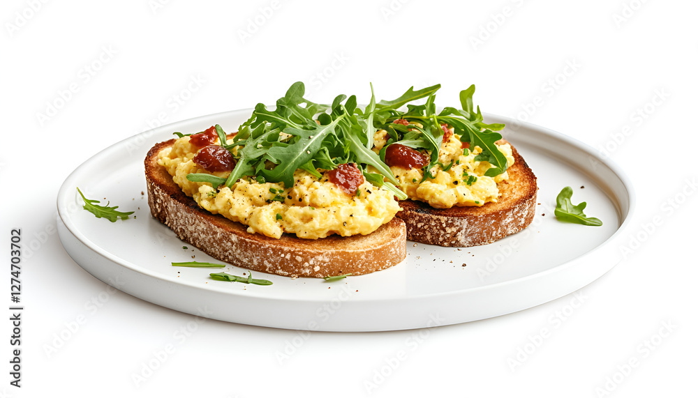Scrambled Eggs Sandwiches on white plate isolated on white background, healthy keto breakfast. Whole grain toasts with scramble eggs and organic arugula microgreens, design element Scrambled Eggs Sandwiches on white plate isolated on white background, healthy keto breakfast. Whole grain toasts with scramble eggs and organic arugula microgreens, design element