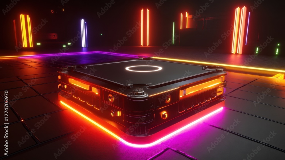 Obraz premium D-rendered circuit processor glowing on a vibrant neon color background.