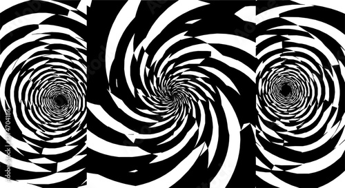 Psychedelic hypnosis swirl, hypnotic spiral patterns. Monochrome vector set of optical illusions with swirling circular shapes, wavy lines or rays. Abstract black and white surreal spiraling effect