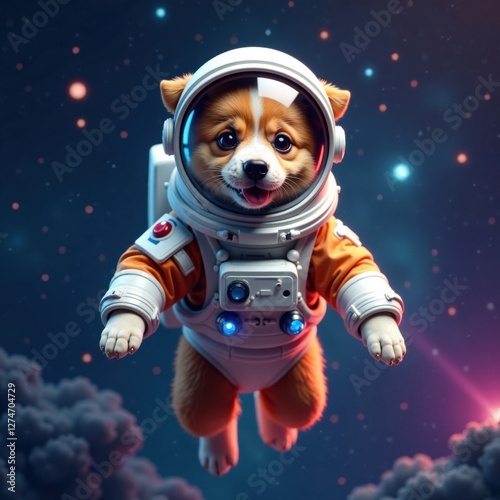 Dog in spacesuit floating in zero gravity, orbit, dog, float
