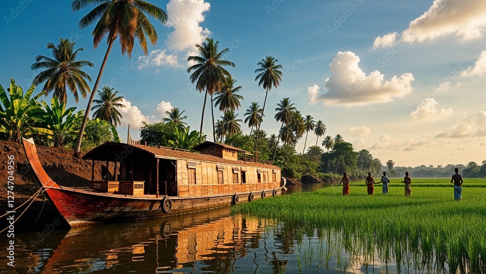 Fototapeta premium A charming wooden boat gently resting on calm waters in nature.