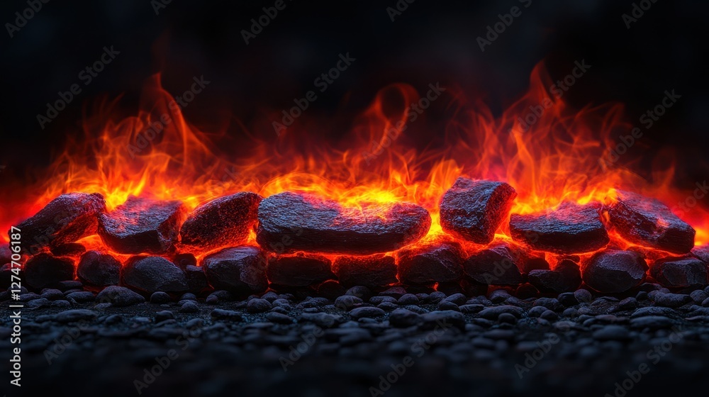 Glowing charcoal with vibrant flames creating a warm and fiery atmosphere