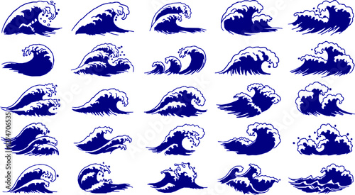 Asian japanese or chinese sea waves, vector oriental art. Vintage asian waves with ocean and sea water flow texture. Blue line splashes and tsunami surf with water swirls and ripples pattern
