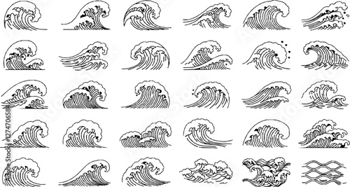 Asian japanese or chinese sea waves, vector oriental art. Vintage asian waves with ocean and sea water flow texture. Blue line splashes and tsunami surf with water swirls and ripples pattern