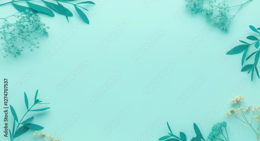 Minimalist floral border on turquoise background Minimalist floral border on turquoise background