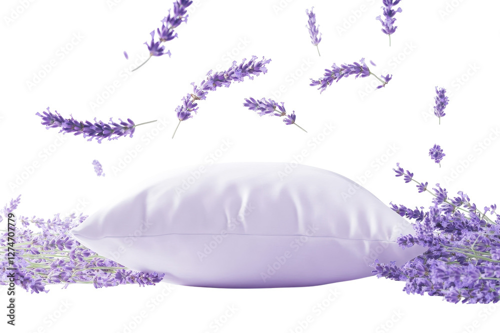A tranquil lavender pillow surrounded by floating lavender sprigs evokes relaxation and charm isolated on transparent background