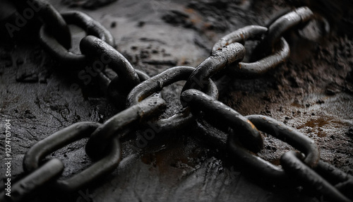 Close-up shot of chains in dark, muddy surroundings, crossing each other, representing strength, resilience, and industrial elements with a rustic feel