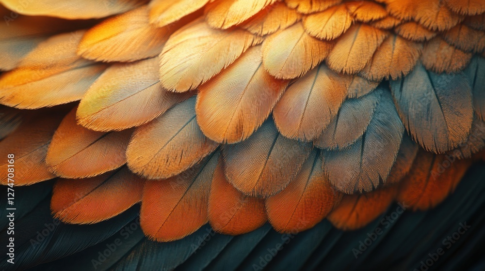 Fototapeta premium Close-up of vibrant bird feathers with orange and blue hues, detailed texture