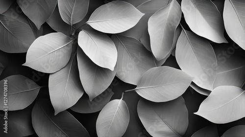 Monochrome closeup of overlapping leaves with intricate textures and shading