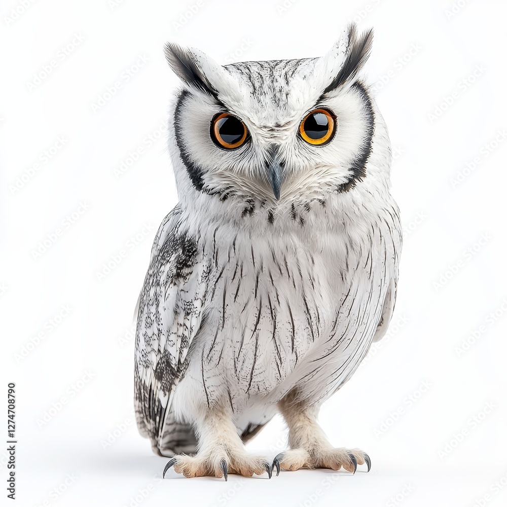 Naklejka premium A close-up of an owl, isolated on a white background, showcasing its intense gaze and detailed feathers, highlighting the beauty of this majestic bird of prey.