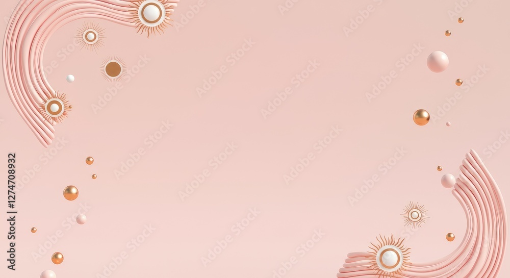 Abstract pink background with sun and wave patterns, gold accents, minimalistic design Abstract pink background with sun and wave patterns, gold accents, minimalistic design