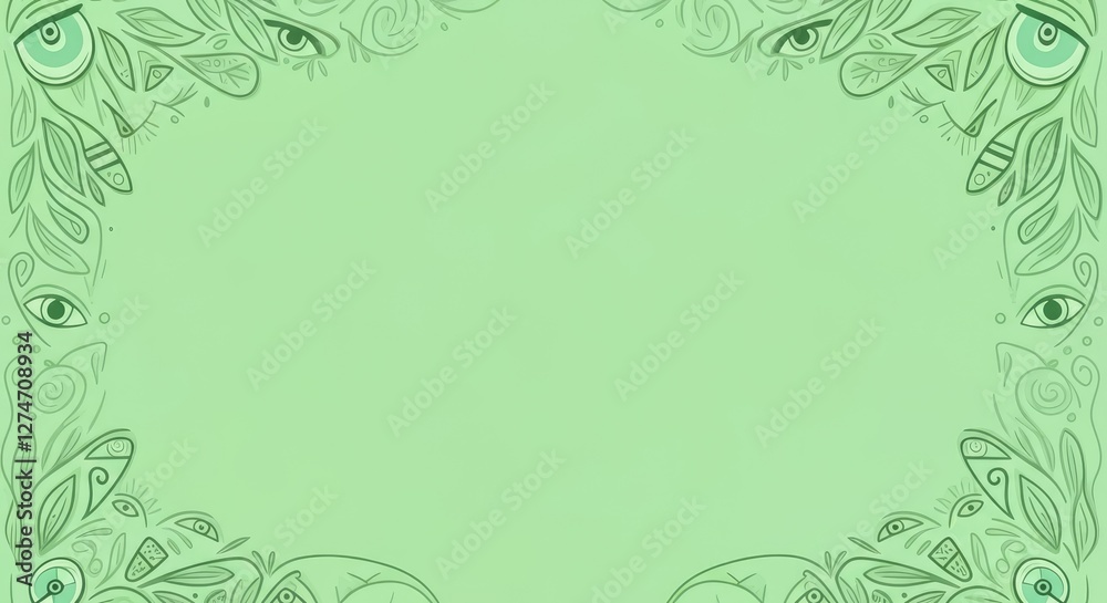 Green abstract frame with eye and leaf designs in corners Green abstract frame with eye and leaf designs in corners