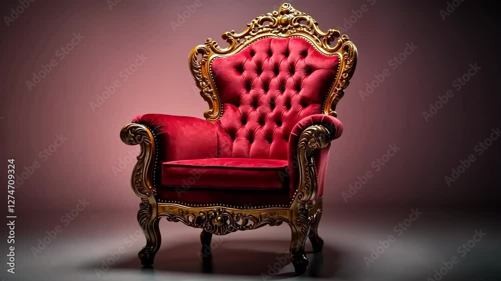 Elegant red velvet armchair with baroque design in spotlight transition sequence Elegant red velvet armchair with baroque design in spotlight transition sequence