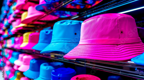 A row of colorful hats on a shelf in a store photo