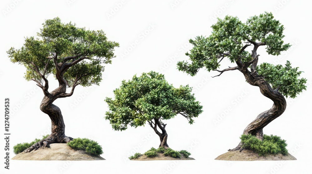 Three twisting trees on hills with lush green foliage and gnarled branches in natural setting Three twisting trees on hills with lush green foliage and gnarled branches in natural setting