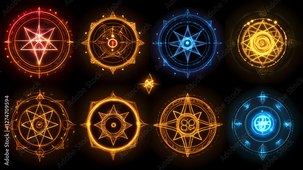 Mystic symbols illuminating the digital realm: a glowing hologram of sacred geometry and esoteric knowledge. Holographic Sacred Symbols. Illustration Mystic symbols illuminating the digital realm: a glowing hologram of sacred geometry and esoteric knowledge. Holographic Sacred Symbols. Illustration