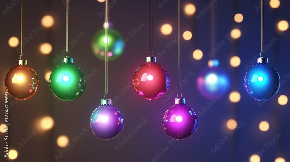 Fototapeta premium Colorful hanging christmas ornaments against a warm holiday light background
