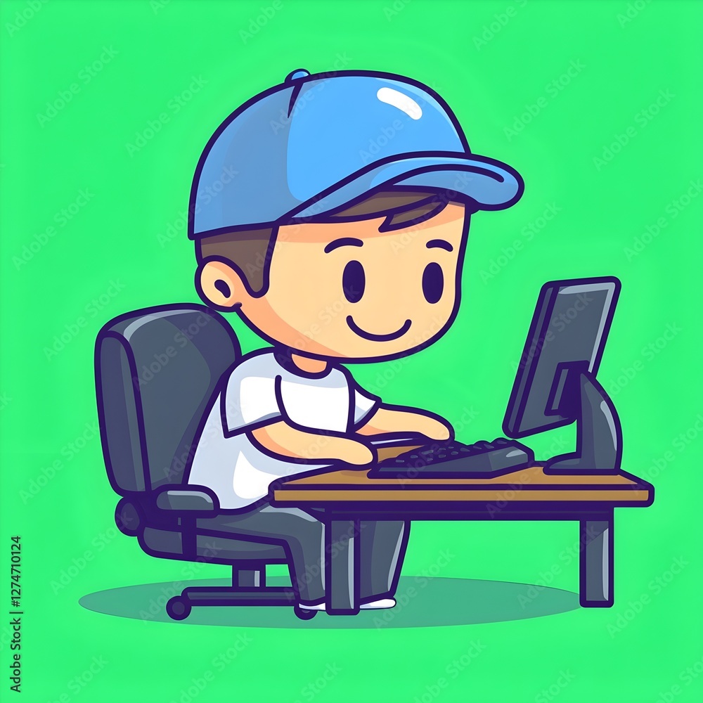 Gamer Cartoon Playing a Game on Computer with Blue Cap and White Shirt at Desk Gamer Cartoon Playing a Game on Computer with Blue Cap and White Shirt at Desk