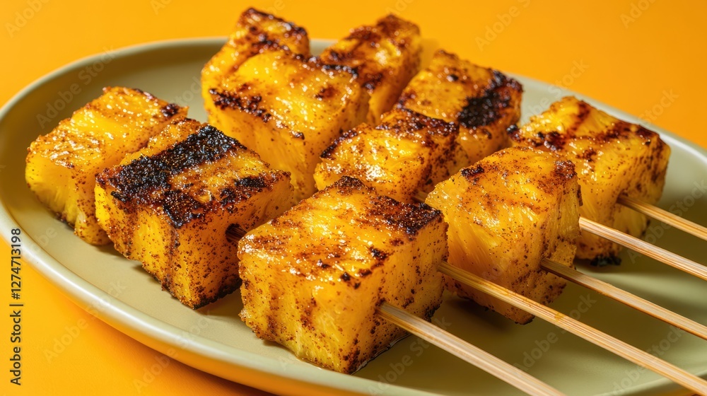 Grilled Pineapple Skewers: Sweet, caramelized pineapple cubes on wooden skewers, plated on a light green dish against a vibrant yellow background. Grilled Pineapple Skewers: Sweet, caramelized pineapple cubes on wooden skewers, plated on a light green dish against a vibrant yellow background.