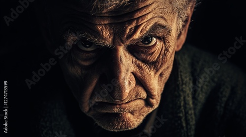 A chilling close-up portrait of an elderly man with an intense, sinister expression, dramatically lit against a dark background