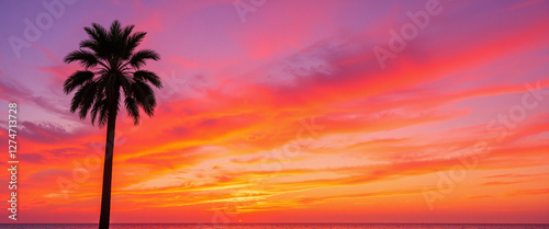 Sunset over a tranquil beach with a silhouetted palm tree against a vibrant pink and orange sky conveying a serene summer vibe