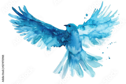 A vibrant blue bird spreads its wings wide as it takes flight, painted with delicate brush strokes isolated on transparent background