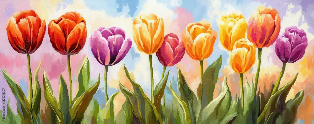 Fototapeta premium Colorful tulip field in bloom with vibrant red, purple, and yellow flowers against a blue sky