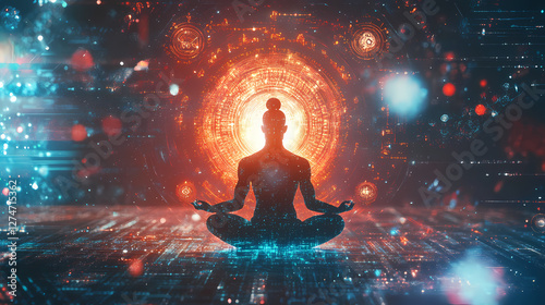 A futuristic depiction of brahma with glowing symbols and holographic projections of sacred texts, blending spirituality and technology. Holographic Sacred Symbols. Illustration photo