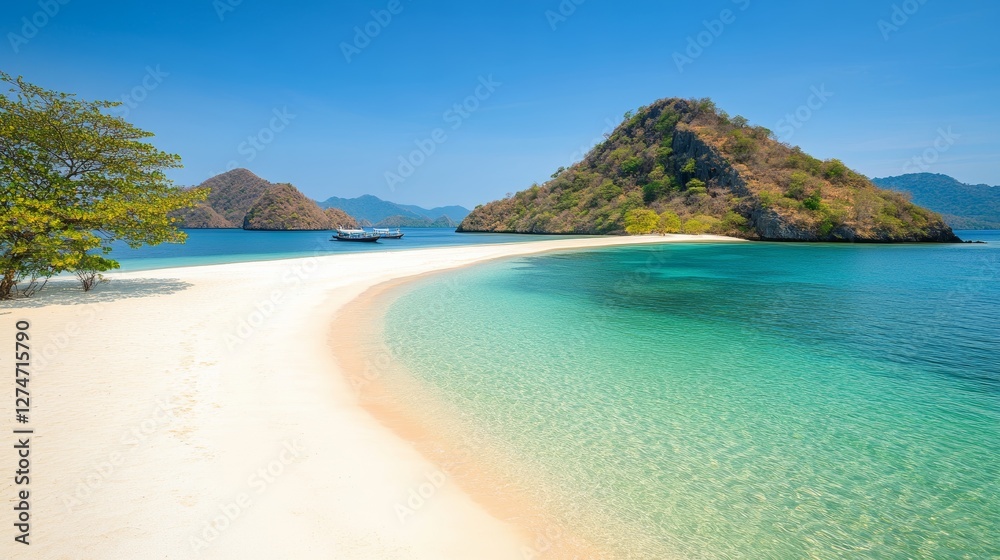 Fototapeta premium Panoramic view of a tropical island with turquoise clear water, white sandy beach, and vibrant coral reef under a bright sunny sky, paradise vacation concept.