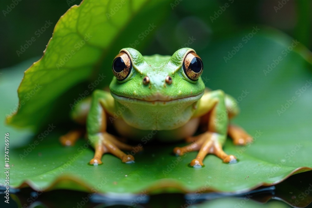 Frog with large nose peers out from under lily pad, leafy, wildlife, outdoor Frog with large nose peers out from under lily pad, leafy, wildlife, outdoor