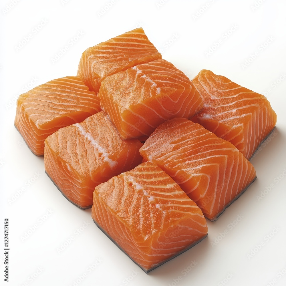 Fresh raw salmon pieces, isolated on white background, cut out, showcasing vibrant color and texture, perfect for culinary and seafood concepts. Fresh raw salmon pieces, isolated on white background, cut out, showcasing vibrant color and texture, perfect for culinary and seafood concepts.