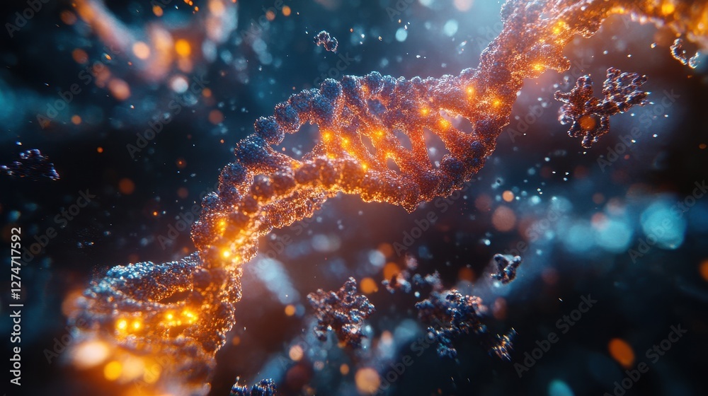 Close-up of glowing dna strand with particles in dynamic scientific background Close-up of glowing dna strand with particles in dynamic scientific background