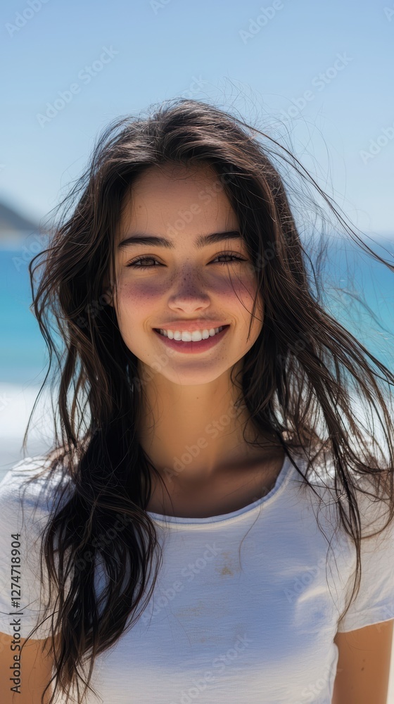 Sunny beach portrait of a joyful young woman in white tshirt Sunny beach portrait of a joyful young woman in white tshirt