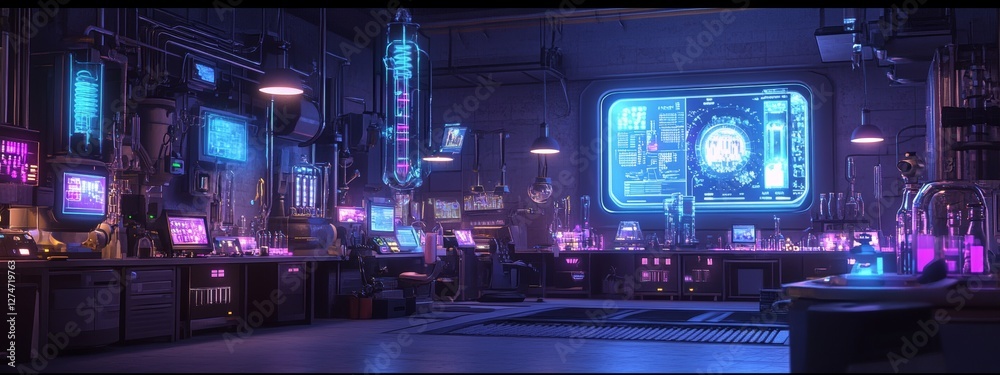 Obraz premium Surreal futuristic science lab with glowing glassware, neon purple and blue lighting, holographic projections, and advanced laboratory equipment in a high-tech fantasy setting.