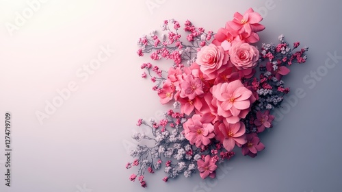 Elegant pink flower arrangement on pastel background with roses and blossoms