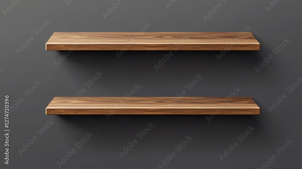 Two wooden shelves on dark wall: simple, minimalist, and elegant interior design feature Two wooden shelves on dark wall: simple, minimalist, and elegant interior design feature