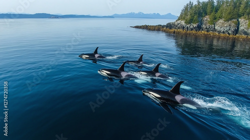 Aerial view of a group of orcas swimming in the blue sea, drone shot of a killer whale pod.