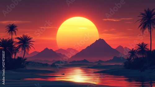 Stunning red sunset over mountains and river with silhouetted palm trees in peaceful twilight