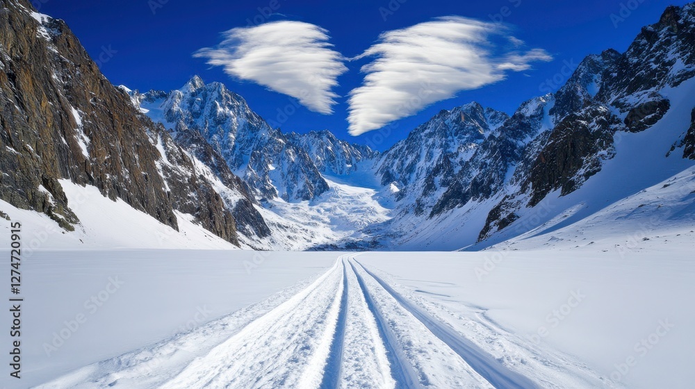 Obraz premium Heart-shaped clouds over majestic snow-capped mountains scenic landscape winter wonderland viewpoint