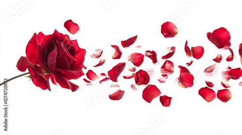 Elegant red rose with scattered petals in motion on white background, perfect for romantic, floral, and nature-themed designs or backgrounds.