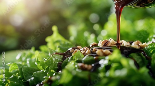 Delicious salad drizzled with balsamic dressing and topped with walnuts in natural light