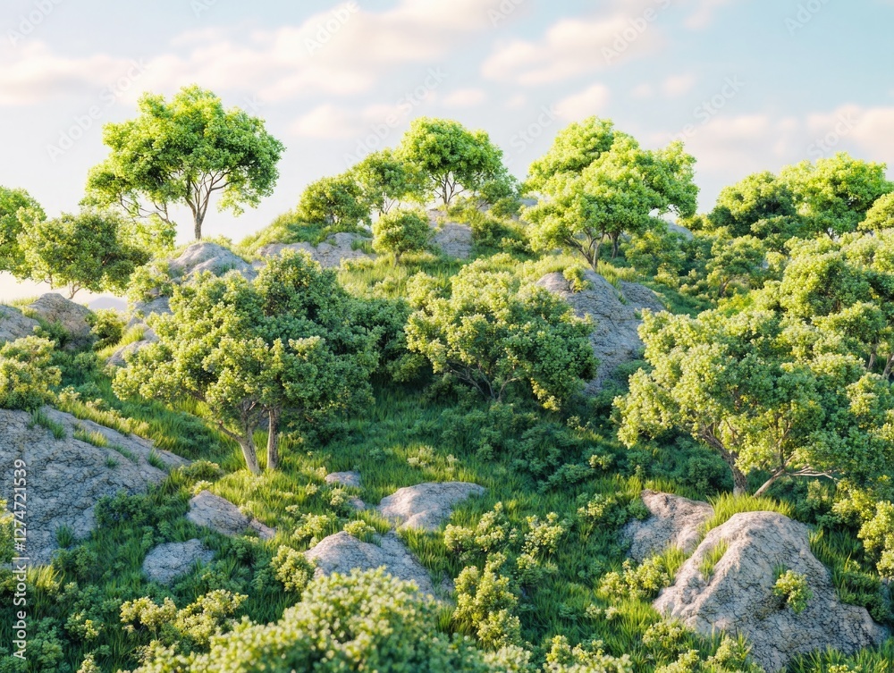 Rocky landscape with lush vegetation in sunlight. Rocky landscape with lush vegetation in sunlight.