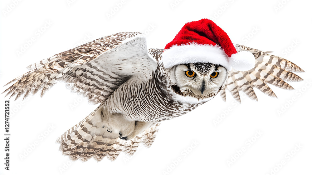Obraz premium Majestic snowy owl in flight wearing a santa hat on white background, ideal for holiday themes.