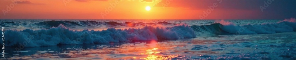 Fototapeta premium Gentle orange light dances across waves as day succumbs to night , natural hues, evening sky