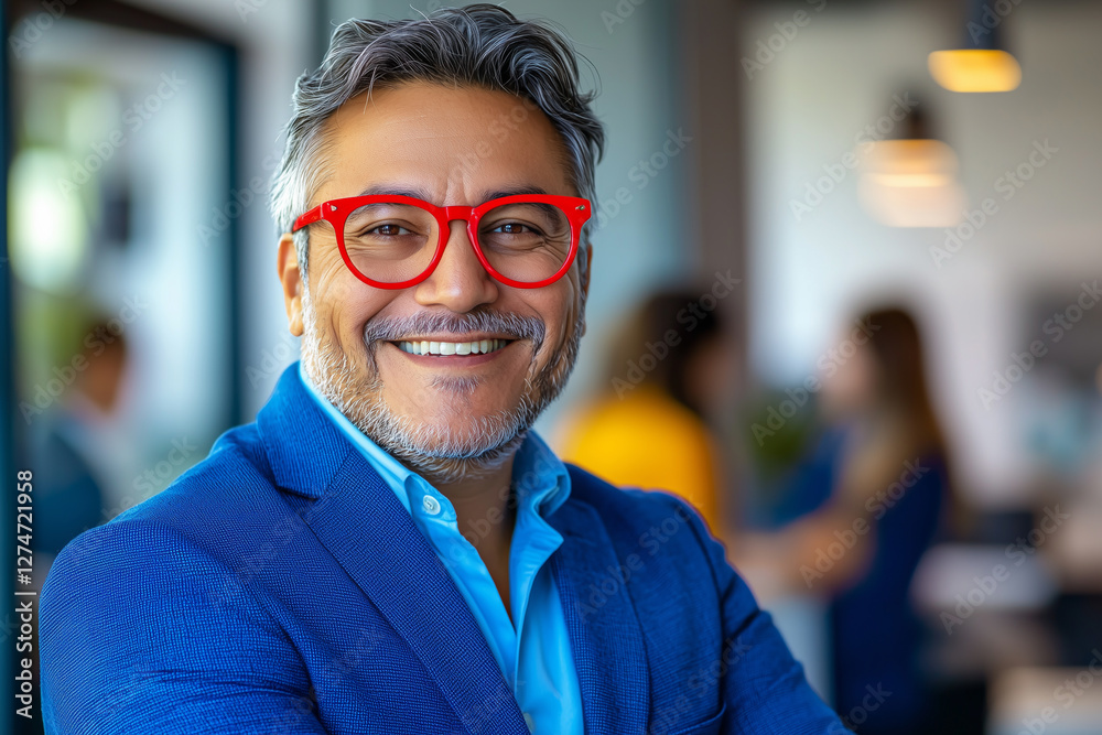 Fototapeta premium South American business with blue suit jacket, smile, portrait of a middle age male wearing red glasses, office background. work team in the background, out of focus
