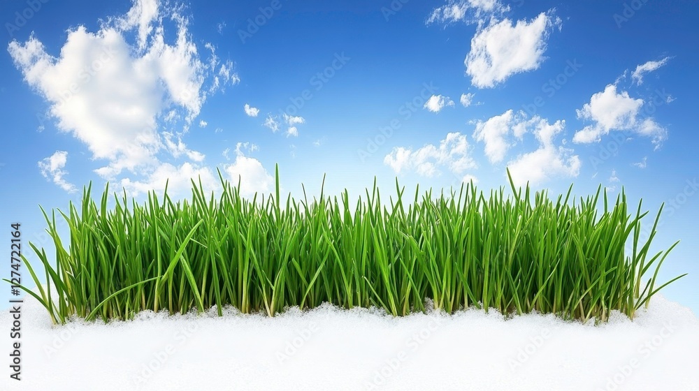 Fototapeta premium Lush green grass growing under blue sky with clouds nature scene outdoors fresh environment wide view