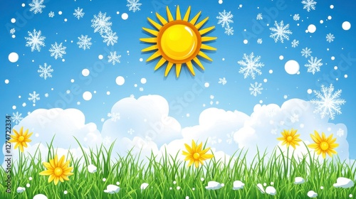 Winter wonderland snowflakes dance amidst sunshine over flower fields vibrant nature scenic viewpoint