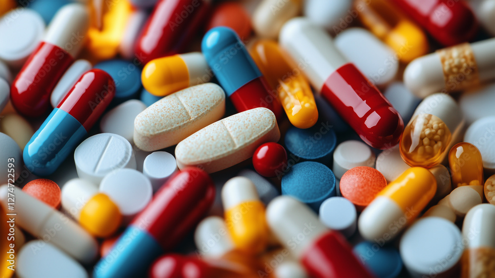 色とりどりの薬とカプセルのクローズアップ